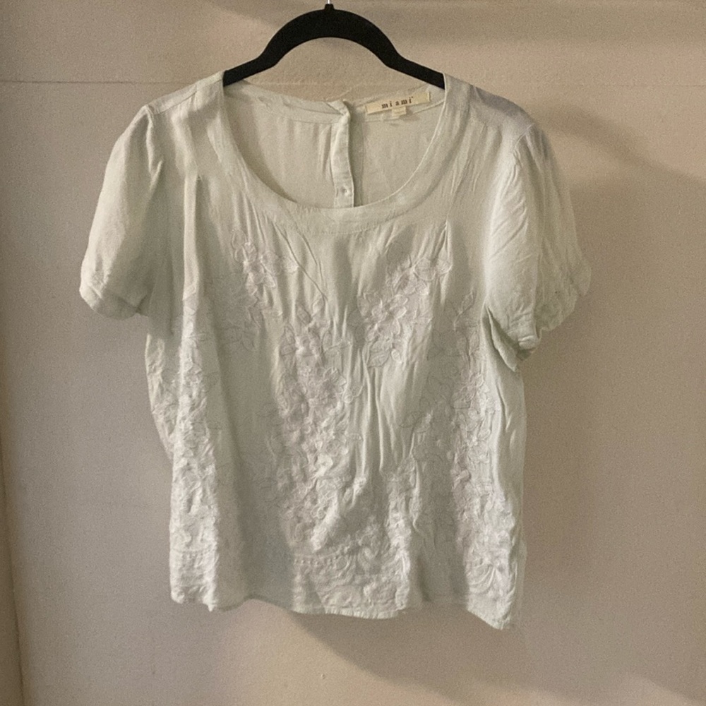 Miami Pale Green Button-Back Short-Sleeve Blouse with Embroidered Flower Details
